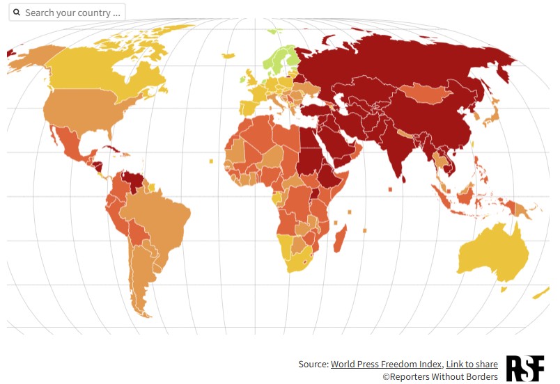 map of globe with darker colors indicating countries that have low media freedom
